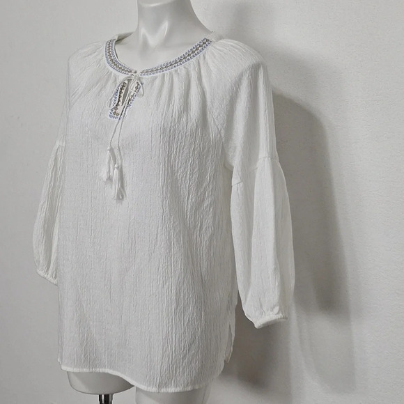 Ruby Rd Bohemian Embroidered Tassel Tie Balloon Sleeve Peasant Boho Hippie Top M - Picture 6 of 13